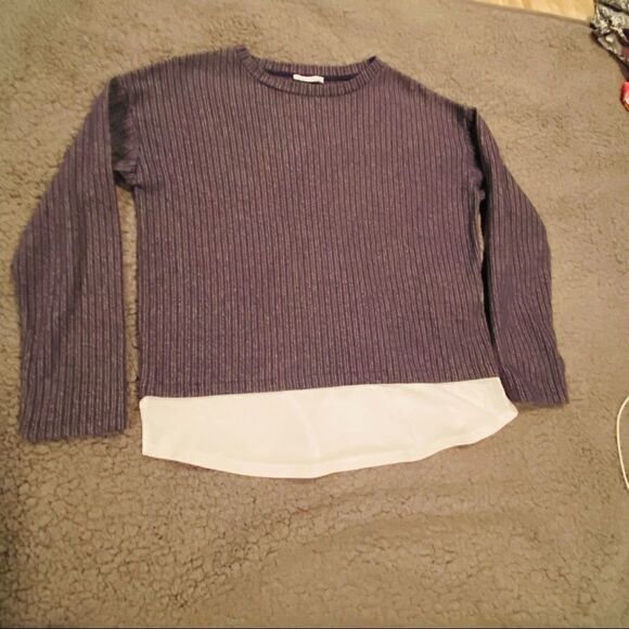 Zara Sweater Blue & Grey Stripe Size Small Faux Undershirt At Bottom - Picture 6 of 12